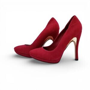 ALICE + OLIVIA Slip-On Red Suede Pumps w/ Gold Arch - Size 37.5 (Size 7 US)